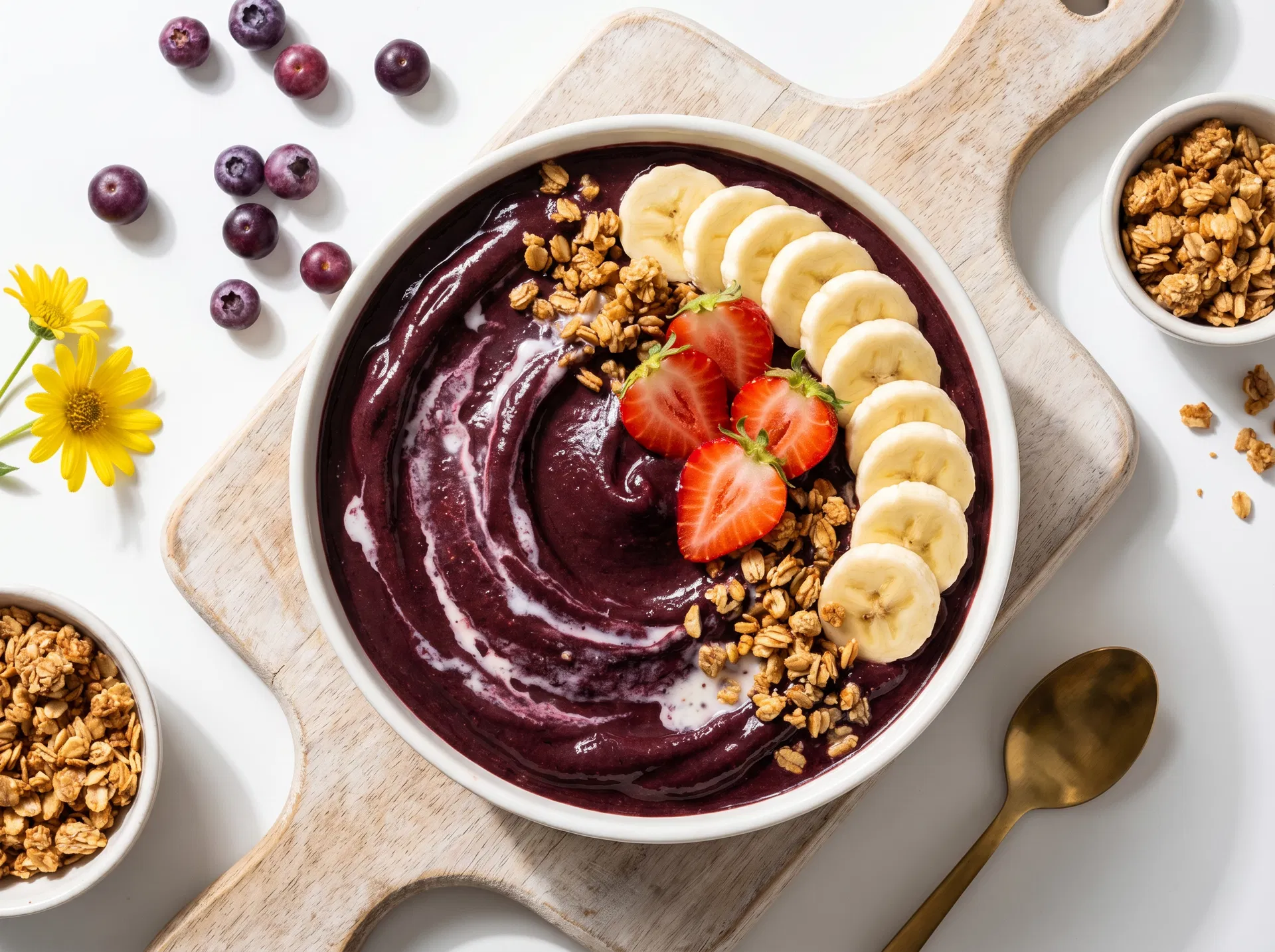Bowl de açaí cremoso com banana, morango e granola