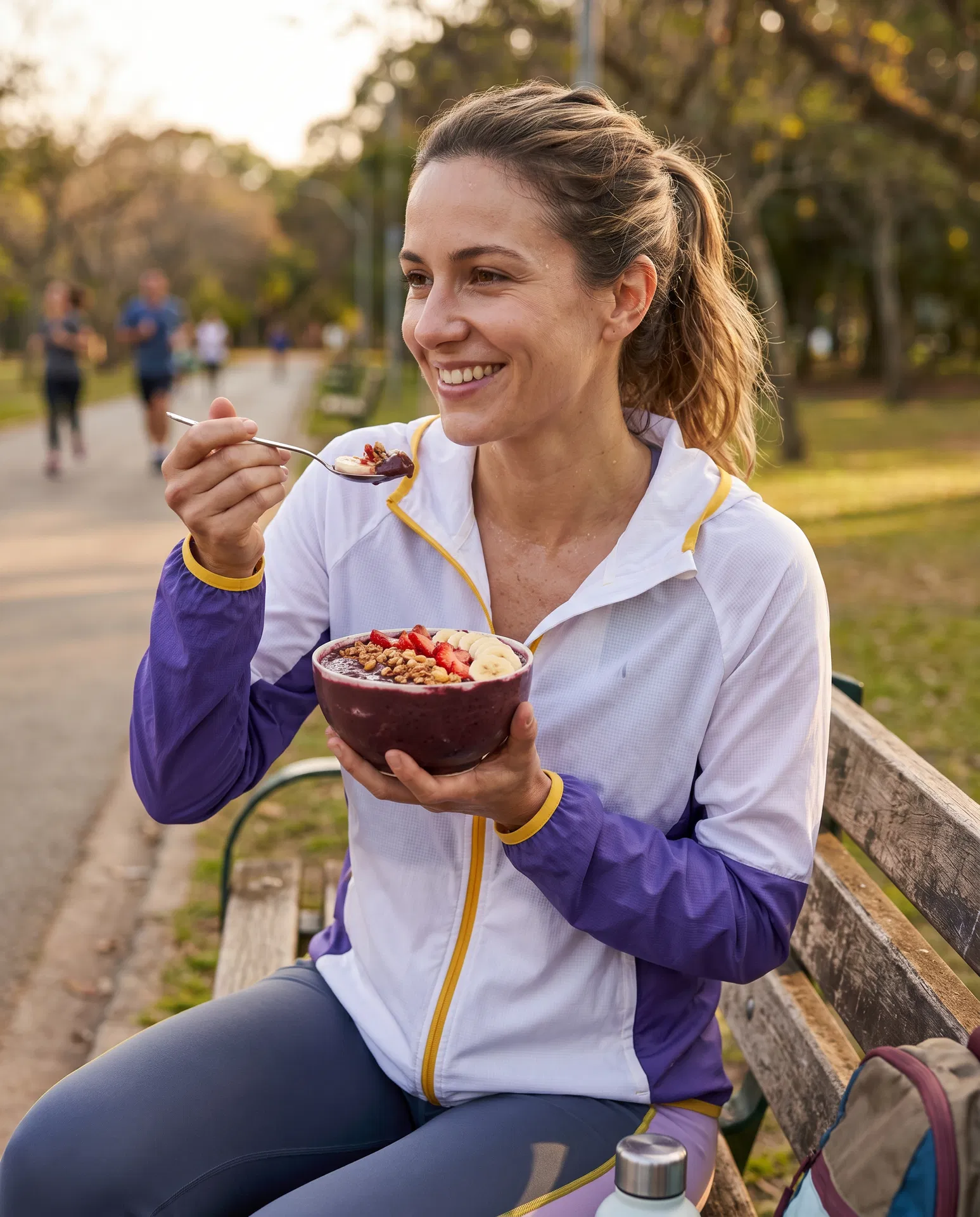 Corredora consumindo açaí Okáh em parque